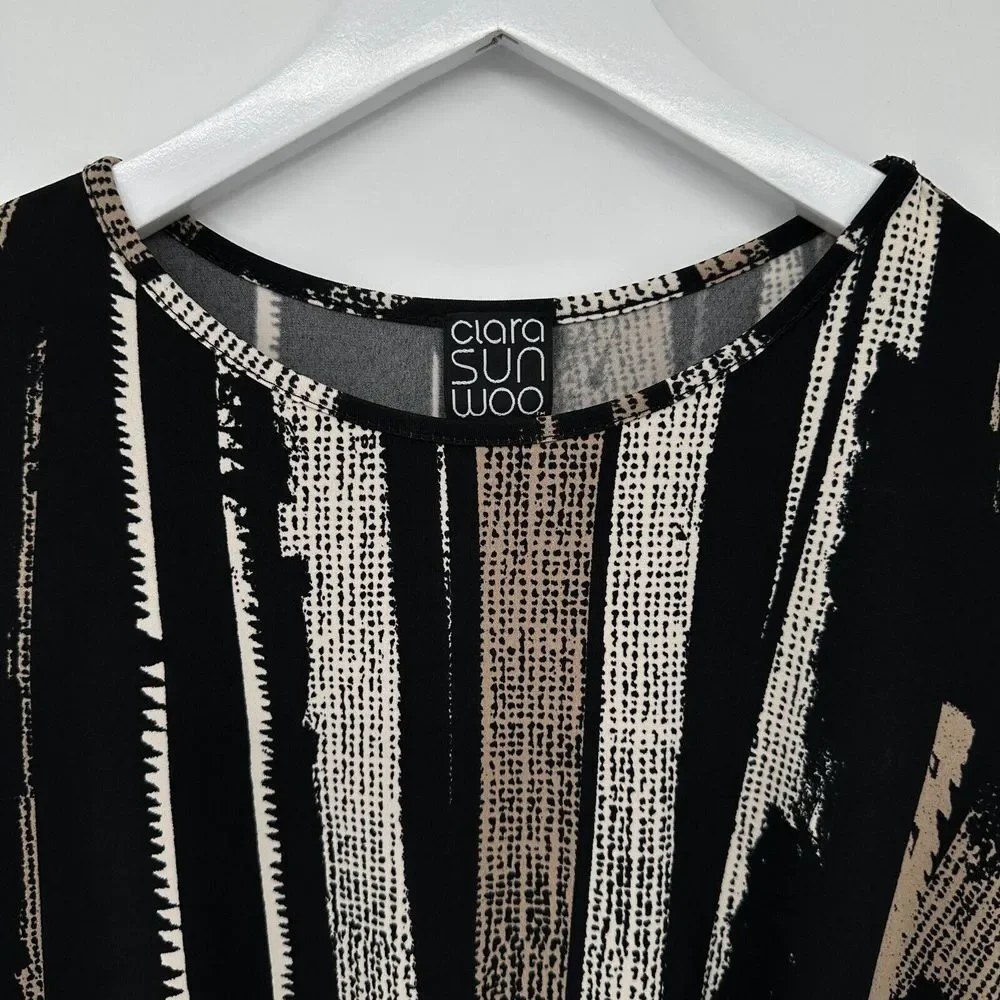 Clara Sun Woo Top Shirt Size XS Stretch Knit 3/4 Flare Sleeve Black Beige Blouse